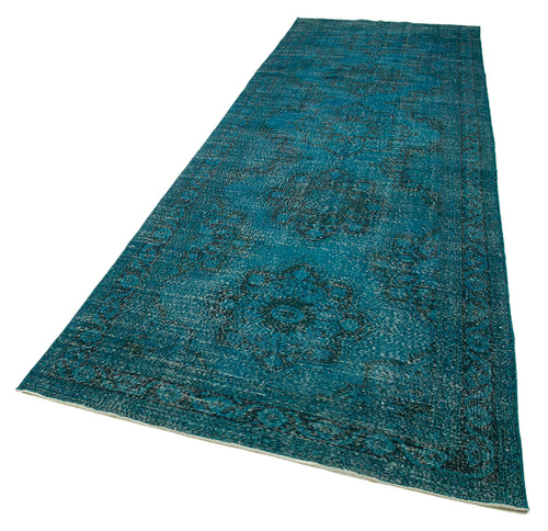 Zile Turquoise Vintage Cotton Wool Handmade Area Rug 4'6'' x 14'0''