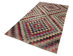 Checkered Kilim Red Cotton Wool Handmade Area Rug 5'2'' x 9'2''