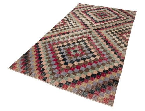 Checkered Kilim Red Cotton Wool Handmade Area Rug 5'2'' x 9'2''