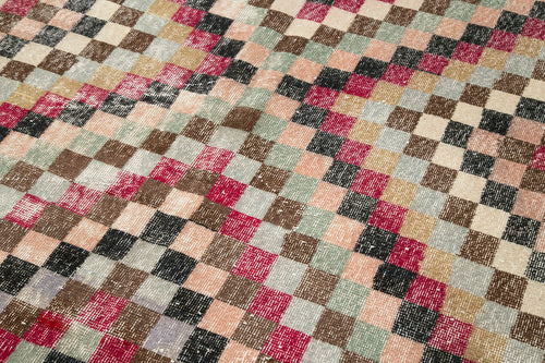Checkered Kilim Red Cotton Wool Handmade Area Rug 5'2'' x 9'2''