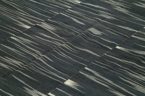 Degrade Kilim Black Striped Cotton Wool Handmade Area Rug 10'11'' x 13'4''