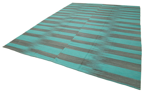 Degrade Kilim Turquoise Striped Cotton Wool Handmade Area Rug 9'9'' x 13'2''