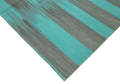 Degrade Kilim Turquoise Striped Cotton Wool Handmade Area Rug 9'9'' x 13'2''