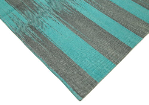 Degrade Kilim Turquoise Striped Cotton Wool Handmade Area Rug 9'9'' x 13'2''