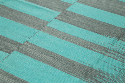 Degrade Kilim Turquoise Striped Cotton Wool Handmade Area Rug 9'9'' x 13'2''