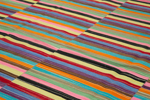 Degrade Kilim White Striped Cotton Wool Handmade Area Rug 9'9'' x 12'9''