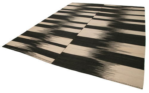 Degrade Kilim Black Striped Cotton Wool Handmade Area Rug 9'9'' x 11'11''