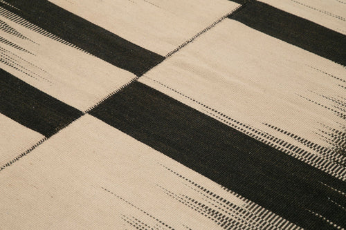 Degrade Kilim Black Striped Cotton Wool Handmade Area Rug 9'9'' x 11'11''