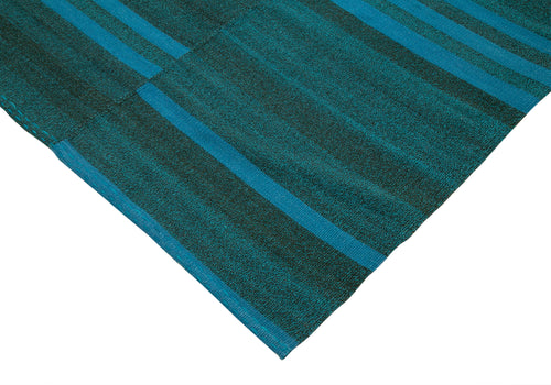 Degrade Kilim Turquoise Striped Cotton Wool Handmade Area Rug 9'6'' x 11'7''