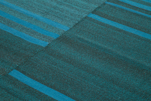 Degrade Kilim Turquoise Striped Cotton Wool Handmade Area Rug 9'6'' x 11'7''