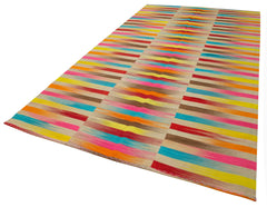 Degrade Kilim White Striped Cotton Wool Handmade Area Rug 6'6'' x 11'11''