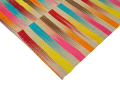 Degrade Kilim White Striped Cotton Wool Handmade Area Rug 6'6'' x 11'11''