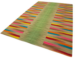 Degrade Kilim White Striped Cotton Wool Handmade Area Rug 6'11'' x 10'11''