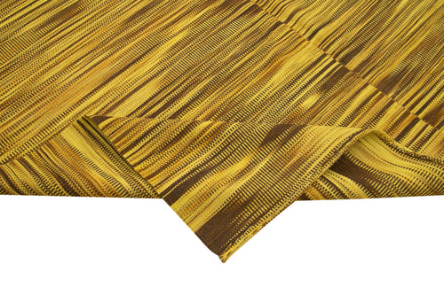 Degrade Kilim Yellow Striped Cotton Wool Handmade Area Rug 6'11'' x 12'1''