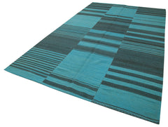 Degrade Kilim Turquoise Striped Cotton Wool Handmade Area Rug 6'9'' x 11'7''