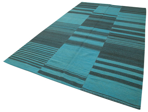 Degrade Kilim Turquoise Striped Cotton Wool Handmade Area Rug 6'9'' x 11'7''