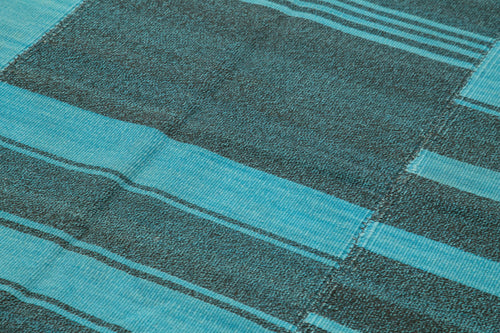 Degrade Kilim Turquoise Striped Cotton Wool Handmade Area Rug 6'9'' x 11'7''