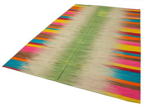 Degrade Kilim White Striped Cotton Wool Handmade Area Rug 6'11'' x 11'1''