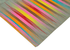 Degrade Kilim White Striped Cotton Wool Handmade Area Rug 6'8'' x 9'8''