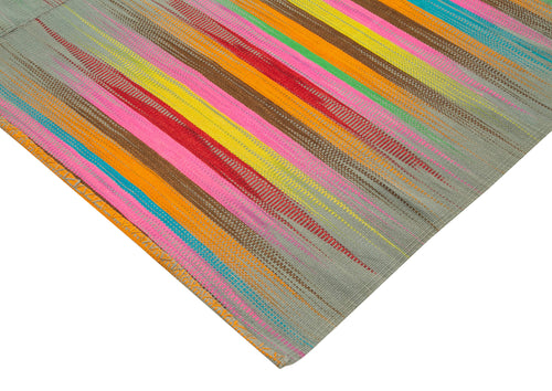 Degrade Kilim White Striped Cotton Wool Handmade Area Rug 6'8'' x 9'8''