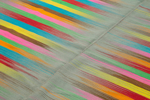 Degrade Kilim White Striped Cotton Wool Handmade Area Rug 6'8'' x 9'8''