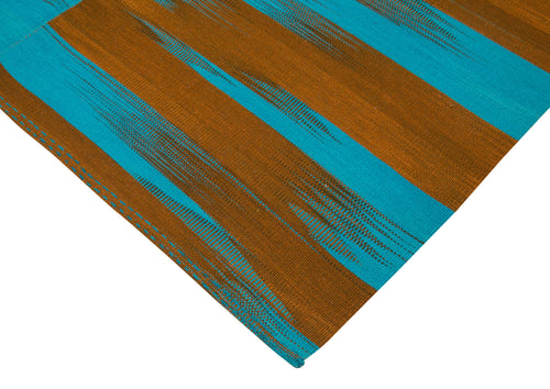 Handmade Area Rug - Blue Striped Kilim Cotton Wool Vintage Carpet 6'8''x9'6''