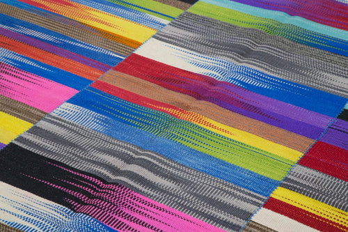 Degrade Kilim White Striped Cotton Wool Handmade Area Rug 6'9'' x 9'7''