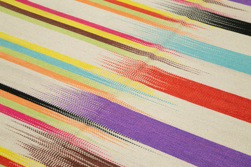 Degrade Kilim White Striped Cotton Wool Handmade Area Rug 5'11'' x 9'1''