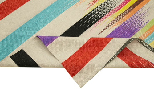 Degrade Kilim White Striped Cotton Wool Handmade Area Rug 5'11'' x 9'1''