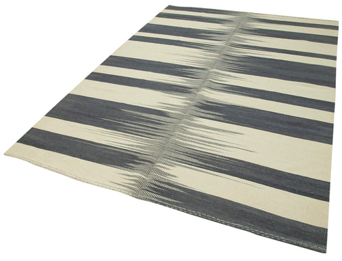 Degrade Kilim Beige Striped Cotton Wool Handmade Area Rug 5'10'' x 9'1''