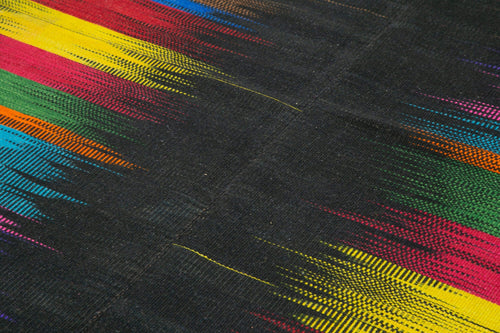 Degrade Kilim Black Striped Cotton Wool Handmade Area Rug 6'8'' x 9'7''