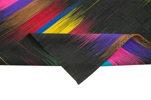 Degrade Kilim Black Striped Cotton Wool Handmade Area Rug 6'8'' x 9'7''