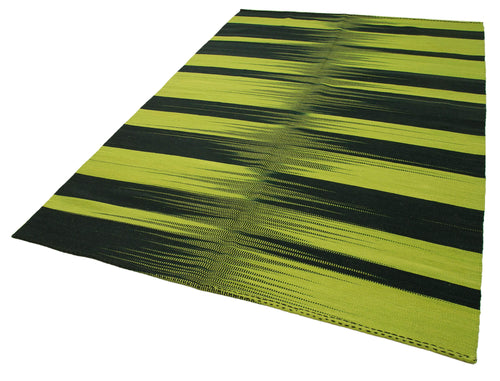 Degrade Kilim Green Striped Cotton Wool Handmade Area Rug 5'11'' x 8'8''