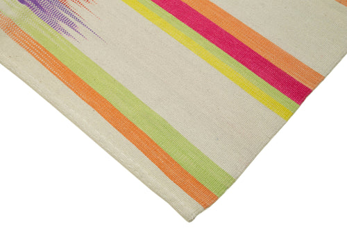 Degrade Kilim White Striped Cotton Wool Handmade Area Rug 5'11'' x 9'2''