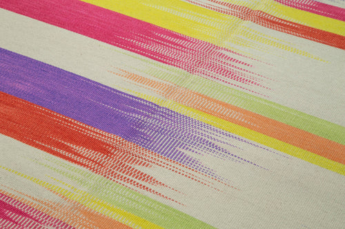 Degrade Kilim White Striped Cotton Wool Handmade Area Rug 5'11'' x 9'2''