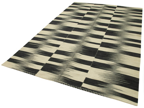 Degrade Kilim Black Striped Cotton Wool Handmade Area Rug 6'6'' x 10'0''