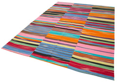 Degrade Kilim White Striped Cotton Wool Handmade Area Rug 6'10'' x 9'11''