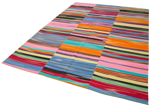 Degrade Kilim White Striped Cotton Wool Handmade Area Rug 6'10'' x 9'11''