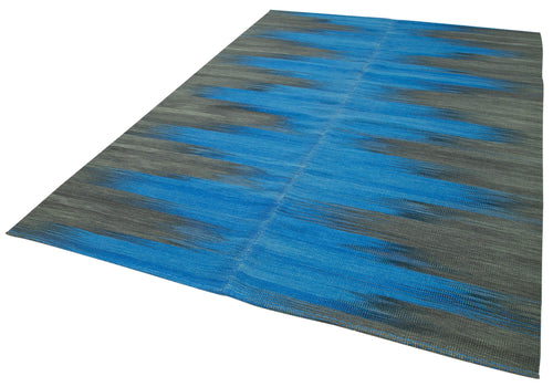 Handmade Area Rug – Blue Striped Cotton Wool Rug with Soft Texture and Durable Wool Carpet 6'8" x 9'3"
