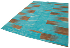 Degrade Kilim Turquoise Striped Cotton Wool Handmade Area Rug 6'11'' x 8'11''