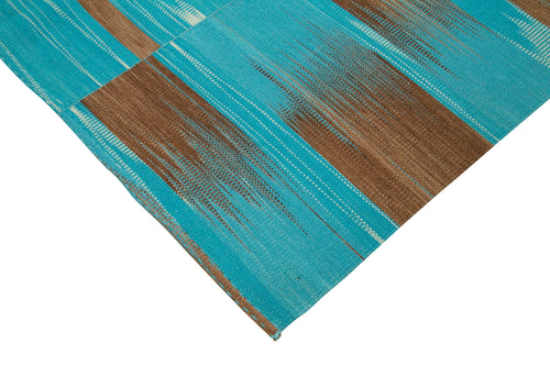 Degrade Kilim Turquoise Striped Cotton Wool Handmade Area Rug 6'11'' x 8'11''