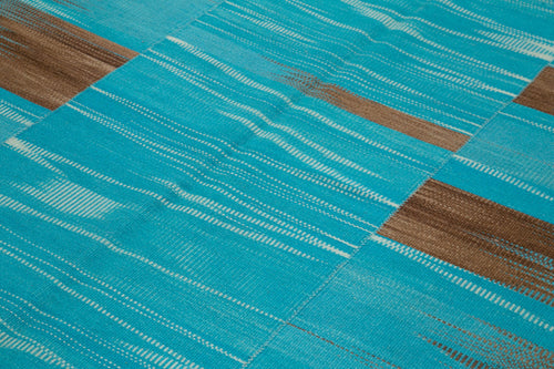 Degrade Kilim Turquoise Striped Cotton Wool Handmade Area Rug 6'11'' x 8'11''