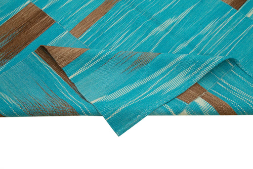 Degrade Kilim Turquoise Striped Cotton Wool Handmade Area Rug 6'11'' x 8'11''