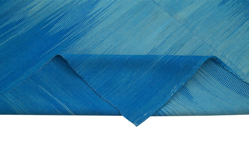 Handmade Area Rug - Blue Striped Kilim Cotton Wool 6'9"x9'3" Durable Vintage Turkish