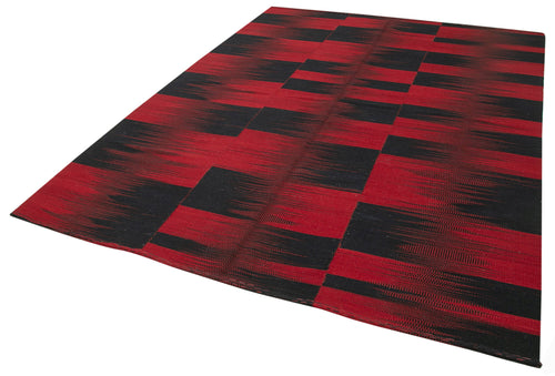 Handmade Area Rug – Vintage Turkish Hand Knotted Red Striped Wool Carpet 6'11" x 9'2"