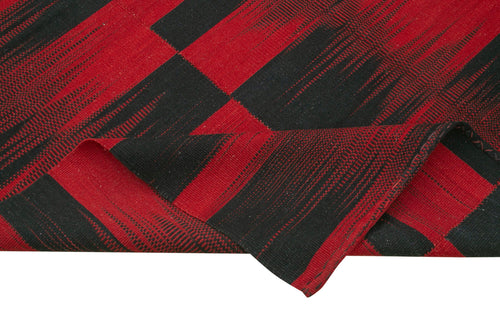 Handmade Area Rug – Vintage Turkish Hand Knotted Red Striped Wool Carpet 6'11" x 9'2"