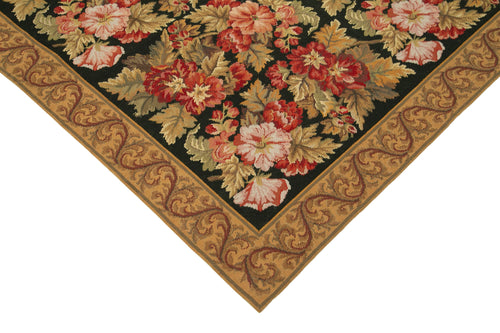 Needlepoint Floral Brown Floral Cotton Wool Handmade Area Rug 6'0'' x 9'1''