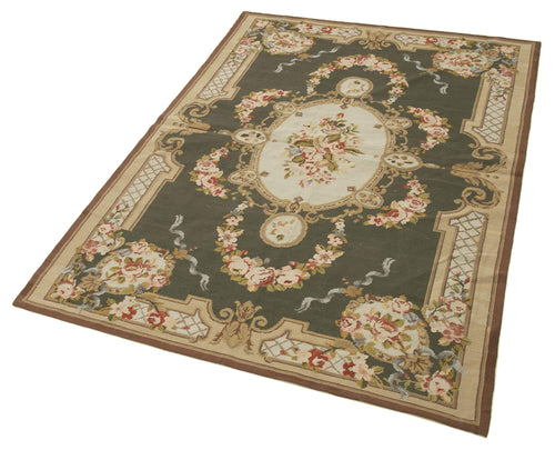 Needlepoint Floral Beige Floral Cotton Wool Handmade Area Rug 3'10'' x 5'9''
