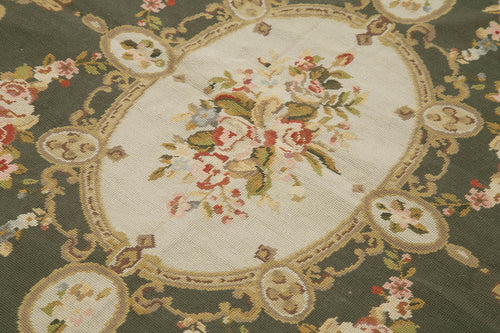 Needlepoint Floral Beige Floral Cotton Wool Handmade Area Rug 3'10'' x 5'9''