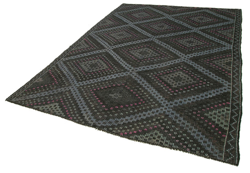 Geometric Kilim Black Geometric Cotton Wool Handmade Area Rug 6'11'' x 9'11''